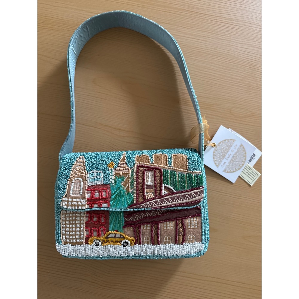 From India to You NYC Skyline Beaded Shoulder Bag New York City Taxi Turquoise